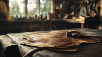 A close up shot of leather and tools on a table