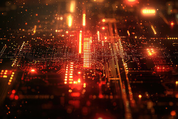 Abstract digital circuit board glowing with orange light, representing technology and data flow.