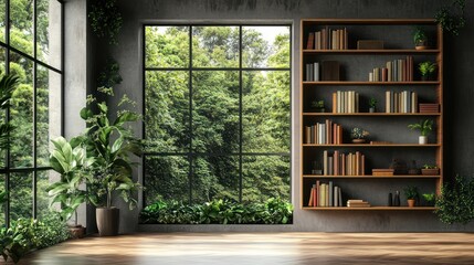 Serene Interior Design Featuring a Verdant View and a Well-Stocked Bookshelf