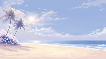 Obraz premium Serene tropical beach scene with palm trees, soft light, and gentle waves.