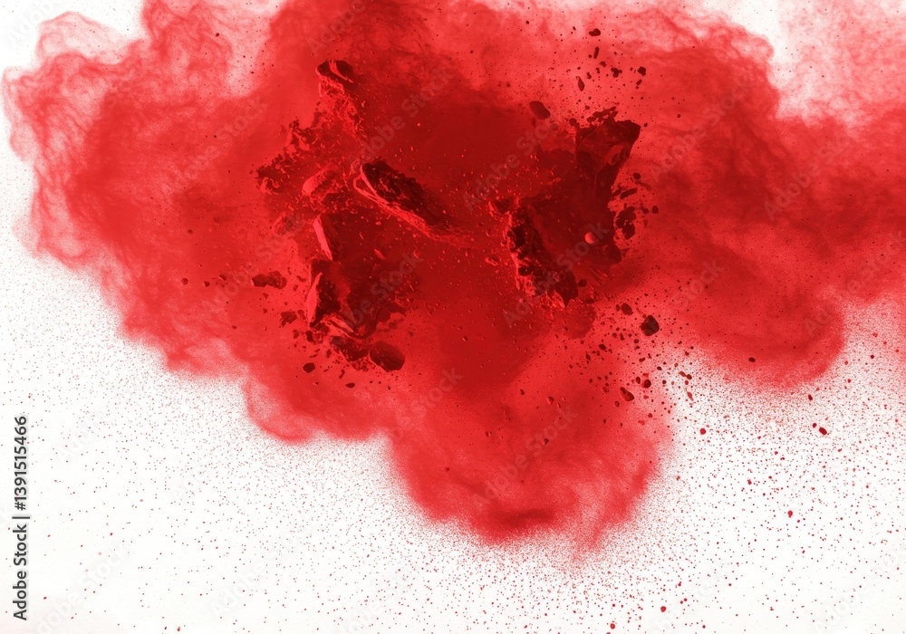 Poster a vibrant red powder explosion against a stark white backdrop creating a dynamic abstract design