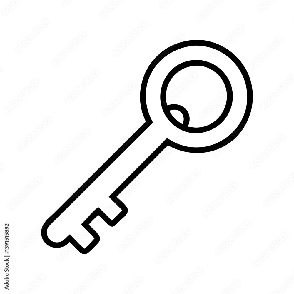 Poster Outline drawing of a simple key for security and access control with a round head and basic teeth design