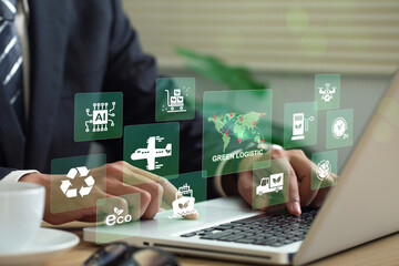 Businessman with Green transportation icon representing Green transportation by Ship, train, airplane, truck, with clean energy. Environmentally friendly transport reduces carbon emissions.