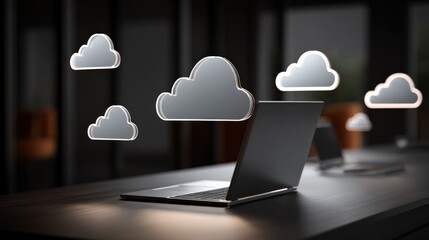 Laptop Computer and Floating Cloud Icons