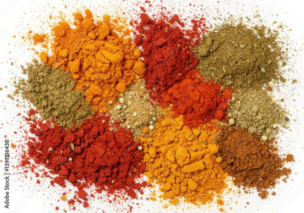 Poster an overhead view of various colorful spices arranged on a white surface in small piles