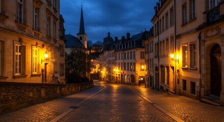 Fototapeta premium Serene Night Street Cobblestones Warmly Lit. AI Generated