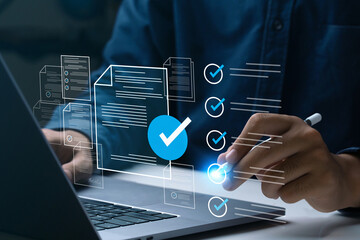 Business performance checklist, Businessman using laptop online survey filling out check digital...