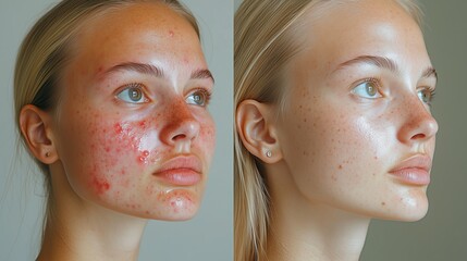 A young womans skin transformation shown side-by-side, from inflamed acne to clear and calm skin