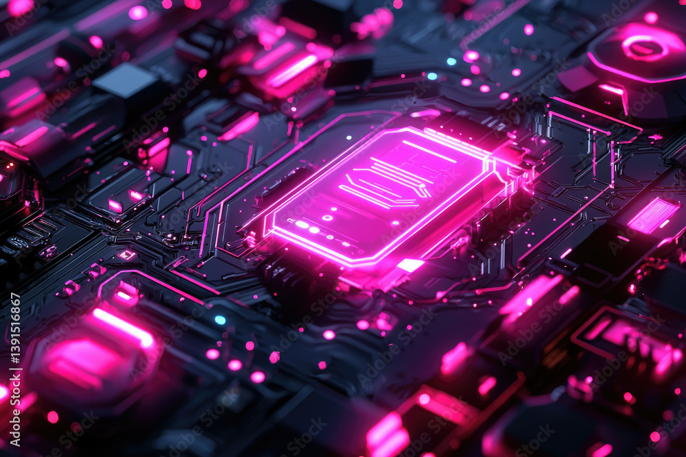 Poster Glowing pink circuits and a central processing unit on a futuristic motherboard.