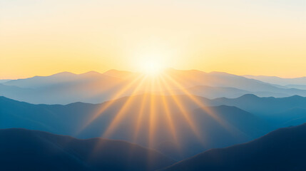 Fototapeta premium Majestic sunrise over a mountain range, sun rays illuminating the peaks.