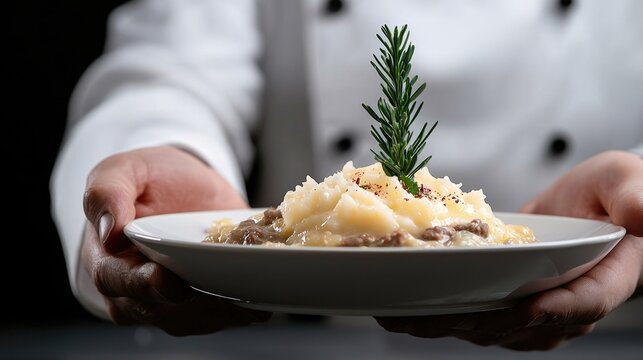 Chef presents creamy mashed potatoes - Powered by Adobe