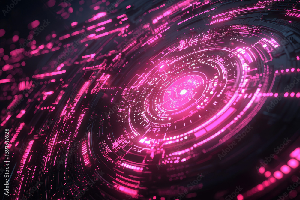Poster abstract digital artwork depicting a glowing pink circular technological interface, futuristic and v