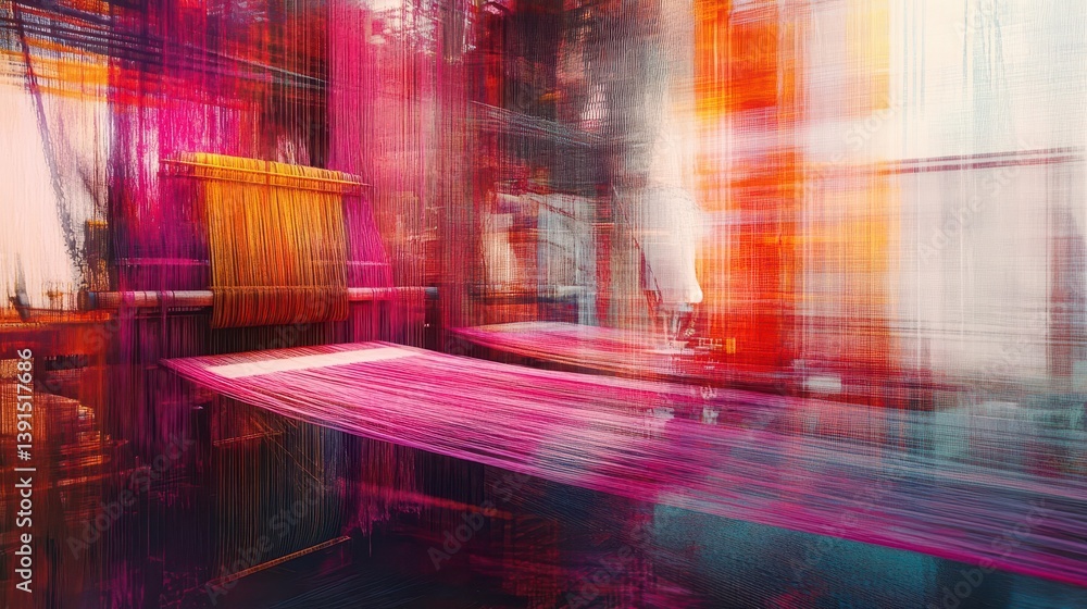 Aufkleber a colorful and abstract image showing a weaving workshop setting
