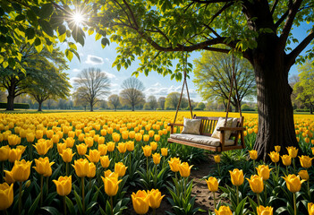 a vibrant spring garden of yellow tulips under a clear blue sky