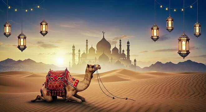 Eid ul Adha Mubarak desert scene: Rajasthani camel, colorful lanterns, mosque, mountains background for celebration.