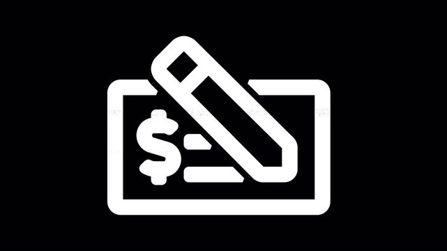 Icon money check usd is distorted. Glitch. Noise, chromatic aberration, geometric distortion. Transparent background, looped. In-Out looped. Alpha BW at the end