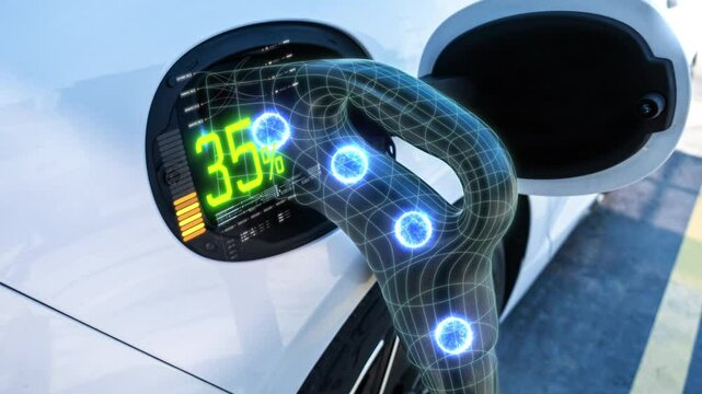 An electric vehicle charging high-voltage energy at an EV charging station replenishes its battery using direct current (DC) power delivered through a charging cable to the vehicle's onboard battery