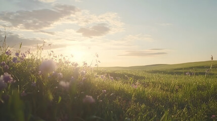 Obraz premium Serene sunset over a field of wildflowers and green grass.