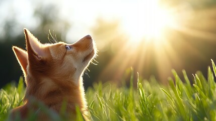 Dog looking up at sunset in grass
