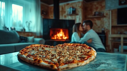 cozy valentine's celebration: a heart-shaped pizza shared by a couple in their living room - perfect poster idea for romantic atmosphere in any space!