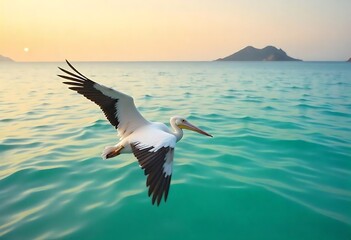 A pelican flies over the sea in summer