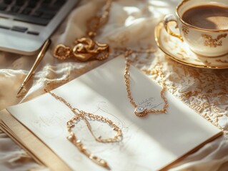 Elegant Workspace with Jewelry Design and Coffee on White Background