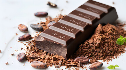 Artisanal dark chocolate bar resting on cocoa powder and cocoa beans, evoking indulgence