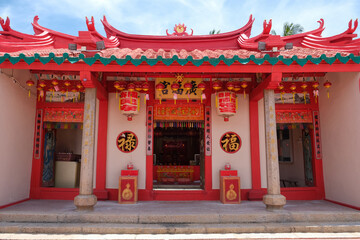 Colorful Century-Old Chinese Temple Kwong Hock Keong Hock Teik Cheng Sin with Traditional Roof and Lanterns in Nibong Tebal, Penang, Malaysia