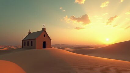 Fototapeta premium Small white chapel in vast desert at sunset surrounded by sand dunes and silent solitude 