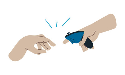 Antique Greek statue contemporary pop art icon vector flat illustration. Historical ancient Roman male hand monument in virtual reality eyeglasses psychedelic concept .