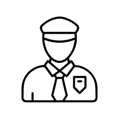 Security guard icon vector illustration of a man in uniform with tie and hat line drawing style design 100x100