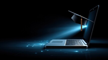 Laptop with Graduation Cap and Blue Light