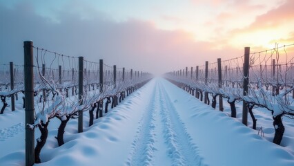 Fototapeta premium Snow covered vineyard in winter with bare vines and misty light evoking silence and solitude 