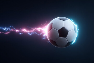 Fototapeta premium Dynamic soccer ball with electrifying energy trails in a dark background showcasing movement and speed