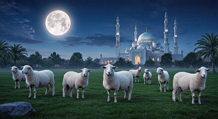 Pristine Eid ul Adha Mubarak background: Sheep illustration with mosque and moon silhouette. High technical quality graphic.