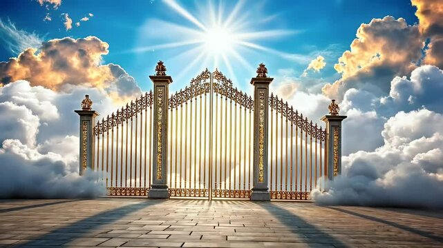 Golden Gates Surrounded by Fluffy Clouds and Sunlight in a Bright Blue Sky