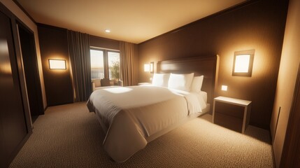 A luxurious bedroom with a bed near a window and lighting