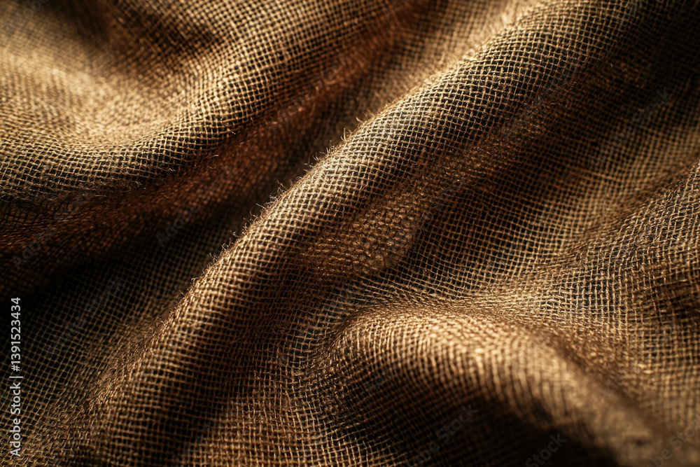 Poster close-up of textured brown burlap fabric, showing its woven pattern and soft folds.