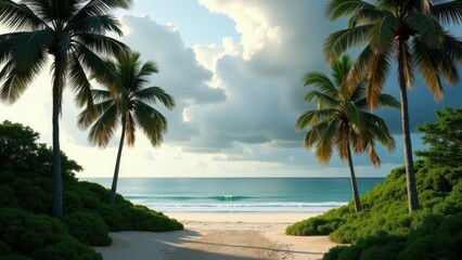 Empty tropical beach with palm trees and overcast sky showing silence and coastal solitude	