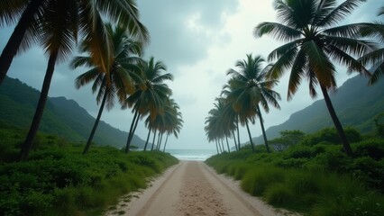 Obraz premium Empty tropical beach with palm trees and overcast sky showing silence and coastal solitude 