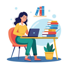 a girl is using his laptop vector