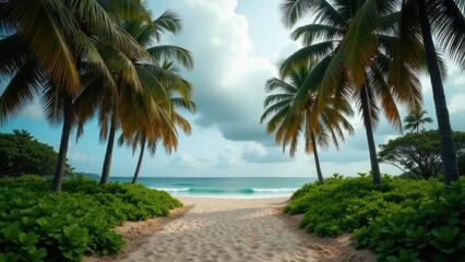 Empty tropical beach with palm trees and overcast sky showing silence and coastal solitude	