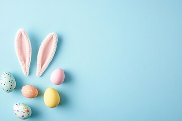 Easter concept. Top view photo of easter bunny ears and colorful eggs on isolated pastel blue background with copyspace