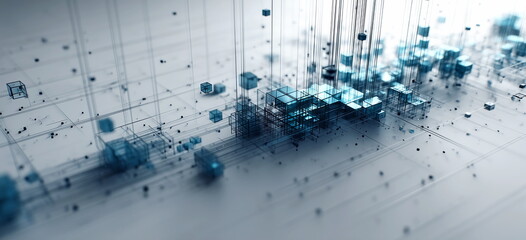 Fototapeta premium Business elements. Blue cube technology background, data science, high tech abstract background. gathering information in the new age of data visualization. visual management concept. Hand edited AI.