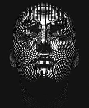 Abstract portrait made up of dots with a black background creating an interesting 3D texture. The face has closed eyes and a contemplative expression.