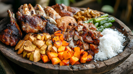 food, meat, dinner, meal, healthy, chicken, vegetable, gourmet, cuisine, barbecue, grilled, plate, fried, snack, cooking, mushroom, delicious, pork, lunch, dish, fresh, traditional, beef, fruit, diet