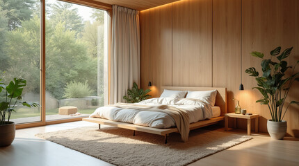 Tranquil Scandinavian Bedroom with Wooden Interior, Floor-to-Ceiling Window and Garden View &ndash; Minimalist Cozy Retreat with Natural Elements