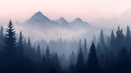 Misty Mountain Vista: A serene panorama unfolds, revealing a majestic mountain range shrouded in a soft, ethereal mist, with tall evergreen trees, evoking a sense of calm and wonder.