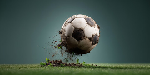 Dynamic soccer ball flying through the air with dirt and grass flying around, showcasing the excitement of a match on vibrant green turf during a sunny day
