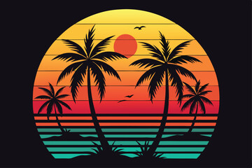 Obraz premium Tropical Palm Trees Silhouette, Sunset Seascape, Orange Sky, Birds Flying, Paradise View